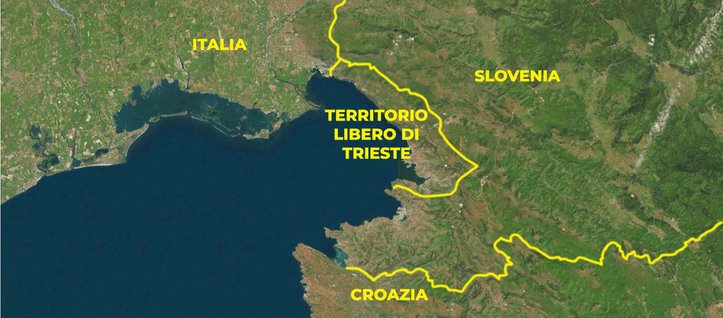 Mappa dell'attuale Territorio Libero di Trieste: dal 1947 confina con l'Italia e dal 1992 con la Slovenia.